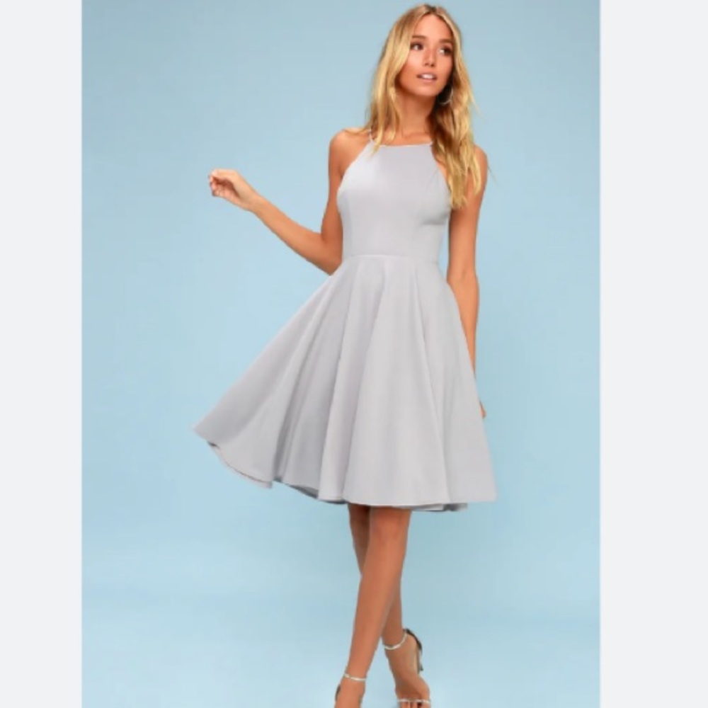 NEW Lulus Irresistible Charm Skater Halter Mini Dress, Size Medium, Gray